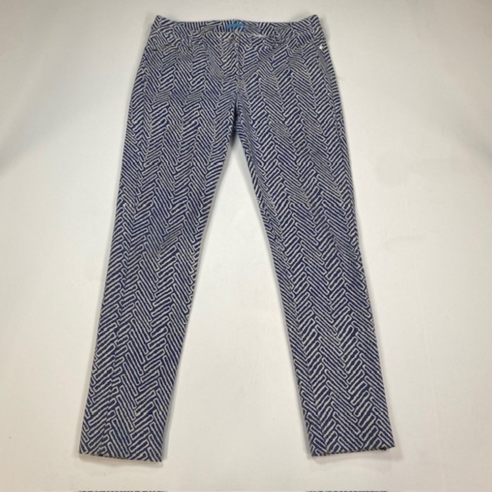 J.McLaughlin Lexi Pants Womens 8 Navy White Geometric Maze Print Slim Ankle Jean